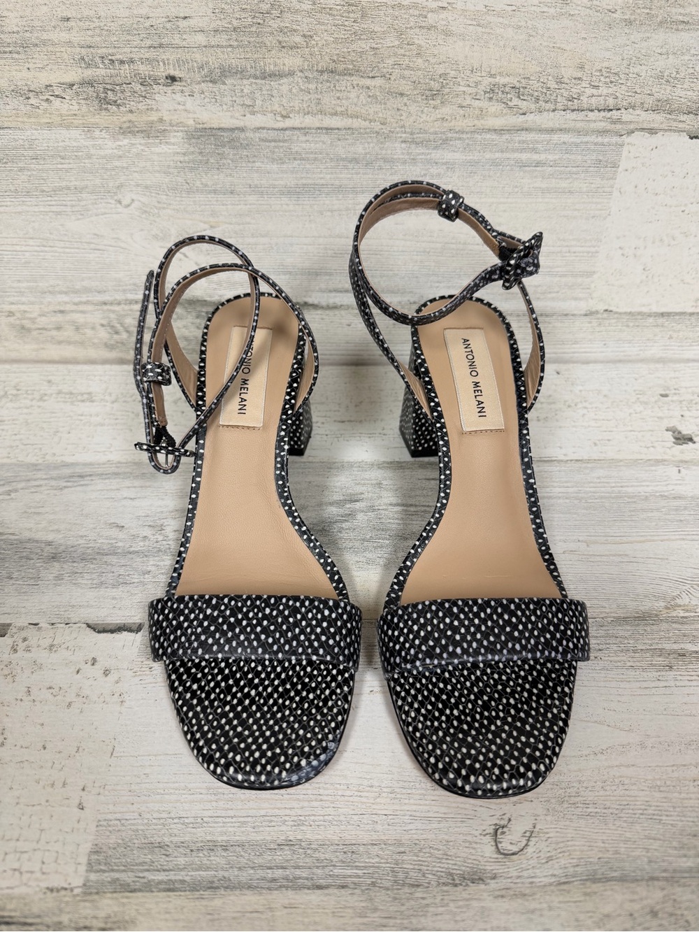 ANTONIO MELANI Black & White Dotted Ankle-Strap Block Heel Sandals
